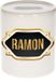 Bellatio Decorations Shoppartners Bv Spaarpot met voornaam Ramon - wit - met goud/zwart embleem - 8 x 9 cm - keramiek - met afsluitdop - cadeau verjaardag