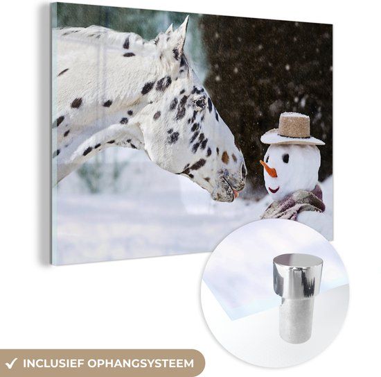 MuchoWow® Glass Painting 150x100 cm - Acrylic Glass Painting - Horse - Snowman - Snow - Photo on Glass - Paintings