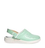 Abeba Dameswerk schoenen The Original Clog Mint/Wit – glad leer, geperforeerd, houten voetbed, OB, Src