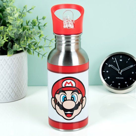 Paladone Super Mario Metalen Waterfles met Rietje – Officieel Gelicentieerde Nintendo Drinkfles