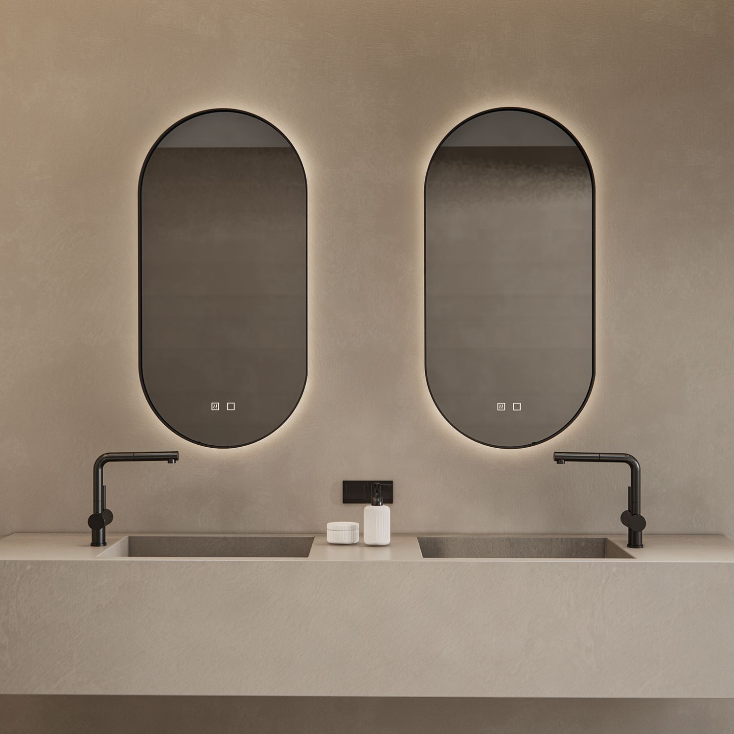 Boss & Wessing Spiegelcombinatie 2x Thyreos 40x100 cm Ovaal Mat Zwart LED Verlichting & Spiegelverwarming