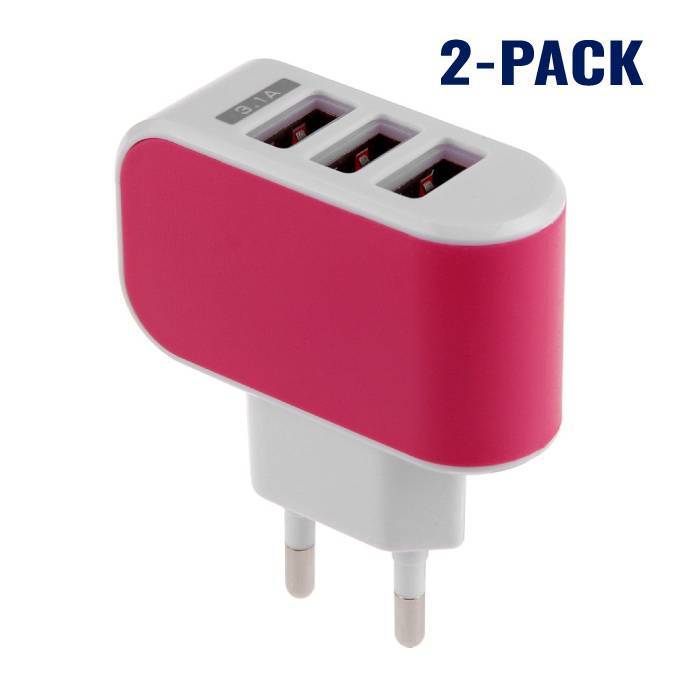 Stuff Certified 2-Pack Triple 3x USB Port iPhone/Android Muur Oplader Wallcharger Roze
