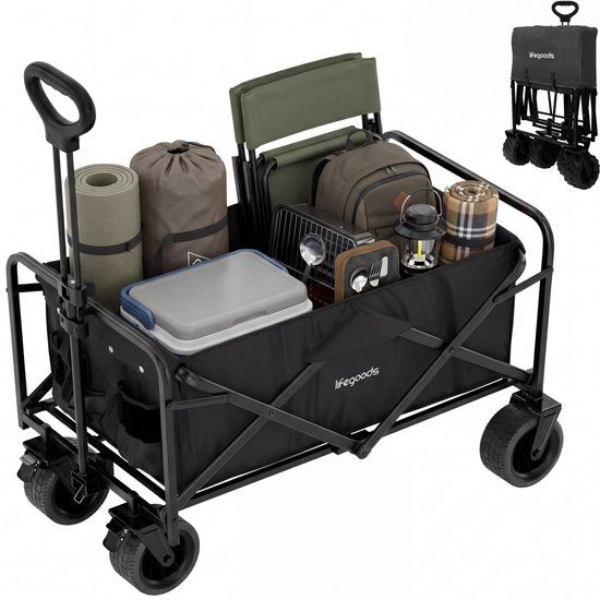 LifeGoods Bolderkar Opvouwbaar - 94L - 80KG Draagkracht - 98x59x107CM - Stevige Wielen met Rem - Inklapbare Bolderwagen met Wasbare Hoes - Zwart