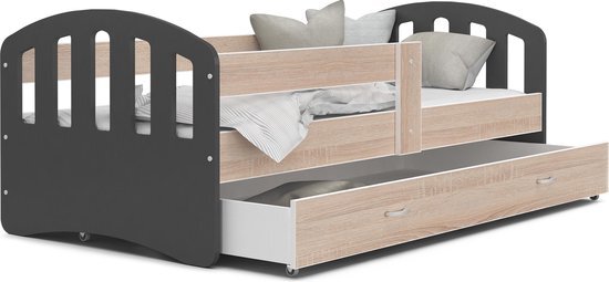 Viking Choice Kinderbed - Houten bed - 180x80 cm - met lattenbodem - met uitschuiflade - grijs hout - met matras