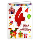 69-2104 wenskaart voor verjaardag 4 jaar kinderen jongens meisjes – clown cadeau vogel taart cupcake schilderij kwast regenboog