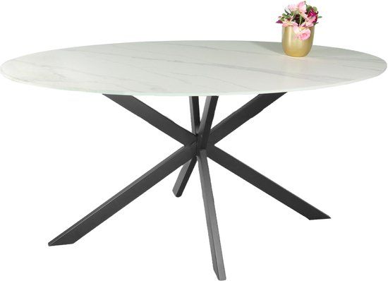 Lizzely Garden & Living Eettafel Ovaal 160cm Figo Marmerlook Wit - Design Eettafel met Steen Tafelblad