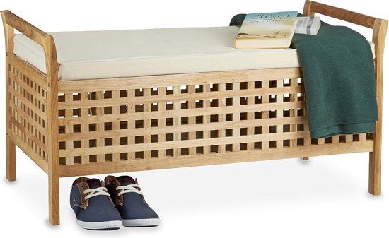 Relaxdays Bank met Opbergruimte - Notenhout - Met Kussen - 92.6 x 49 x 46.5 cm - Zitbank