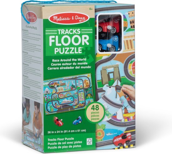 MELISSA & DOUG Kartonnen racebaan legpuzzel ‘Race rond de wereld’ van met opwindautootjes - 48 stukjes, voor jongens en meisjes vanaf 3 jaar