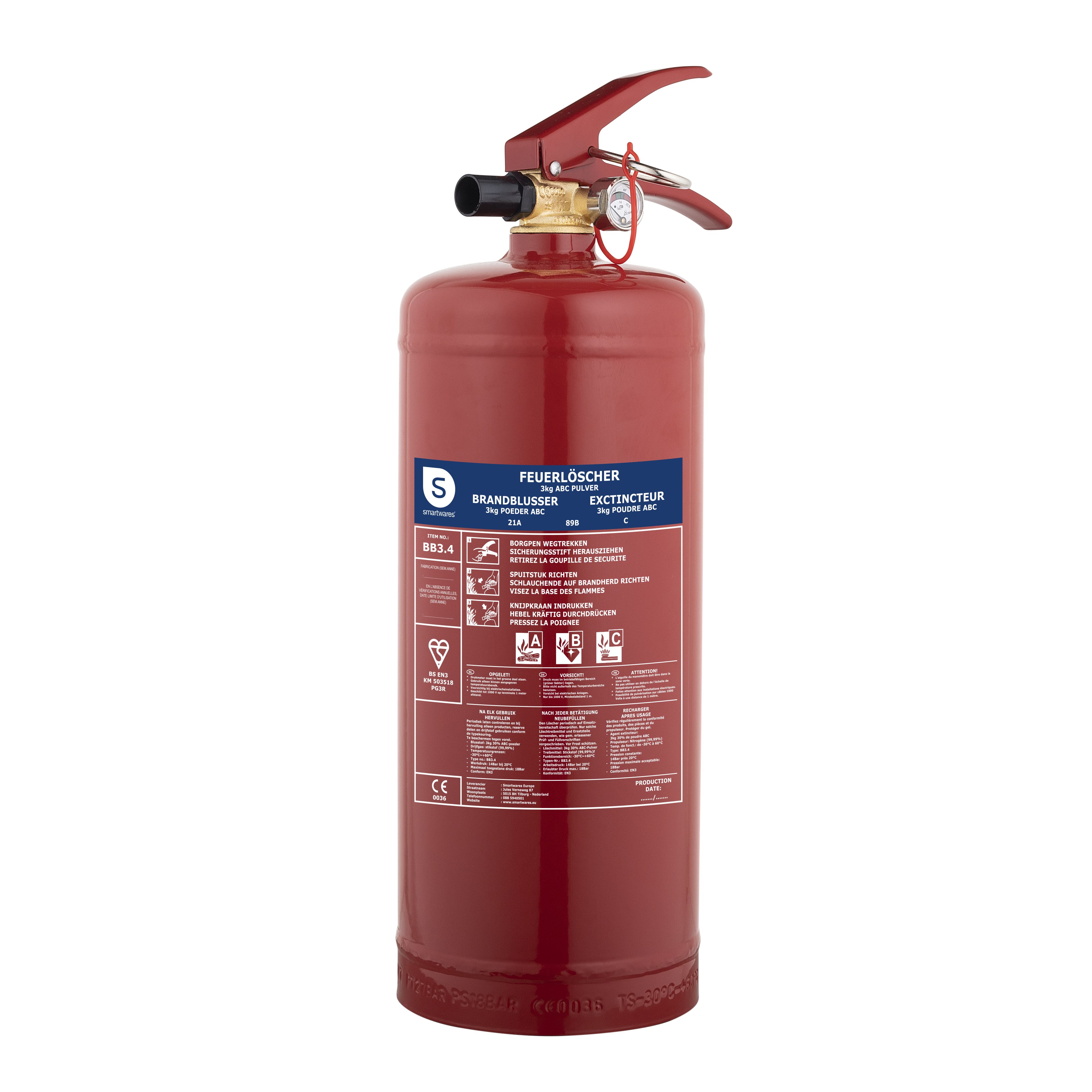 Smartwares FEX-15030 3kg Powder Fire Extinguisher - ABC Rated