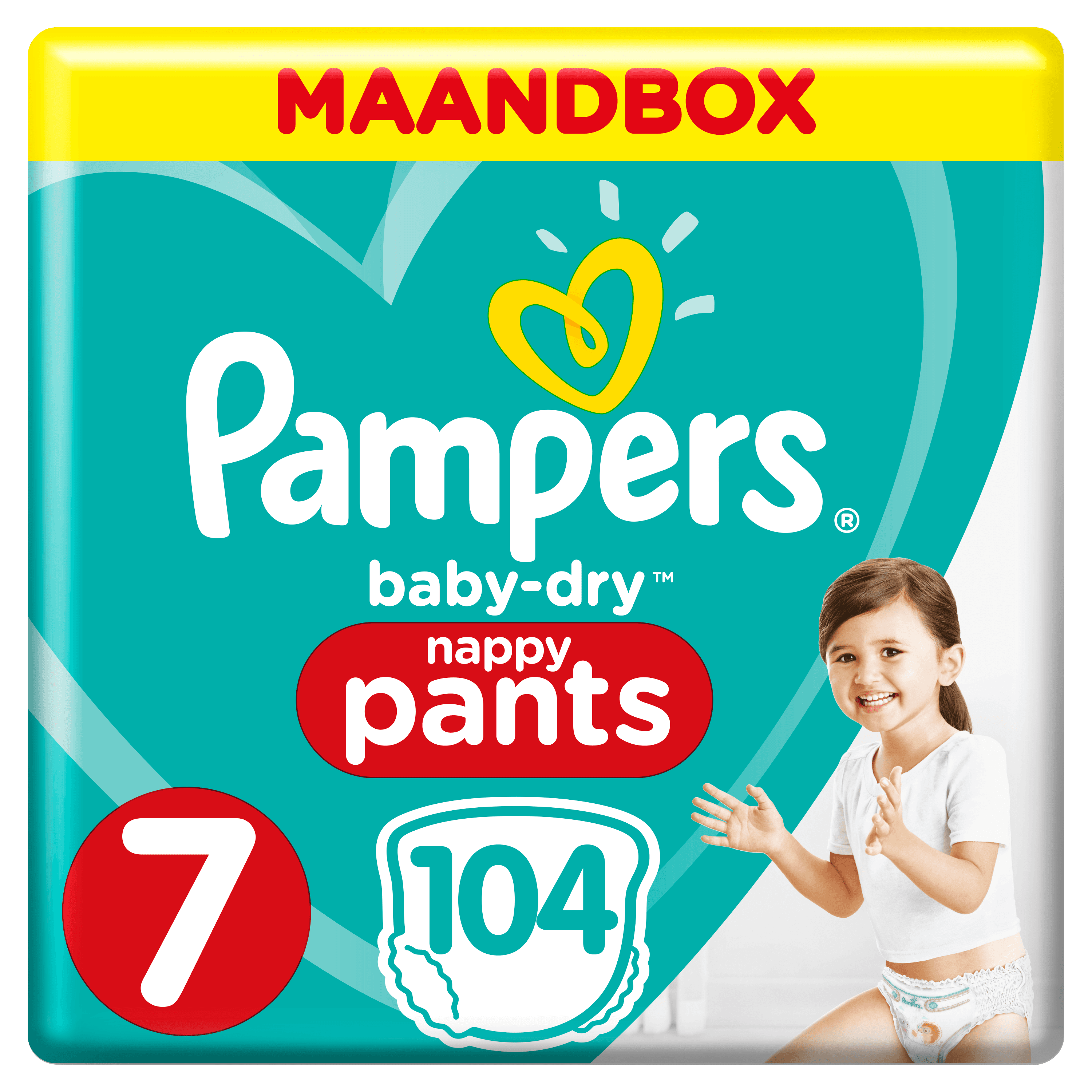 Pampers Baby-Dry Pants Maat 7, 17+kg, 104 Broekjes, Maandbox multi