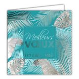 Afie 23037 vierkante kaart "Goed jaar", zilverkleurig, glanzend, bladeren, bananenbladeren, Monstera, Tropical exotische feesten, met witte envelop