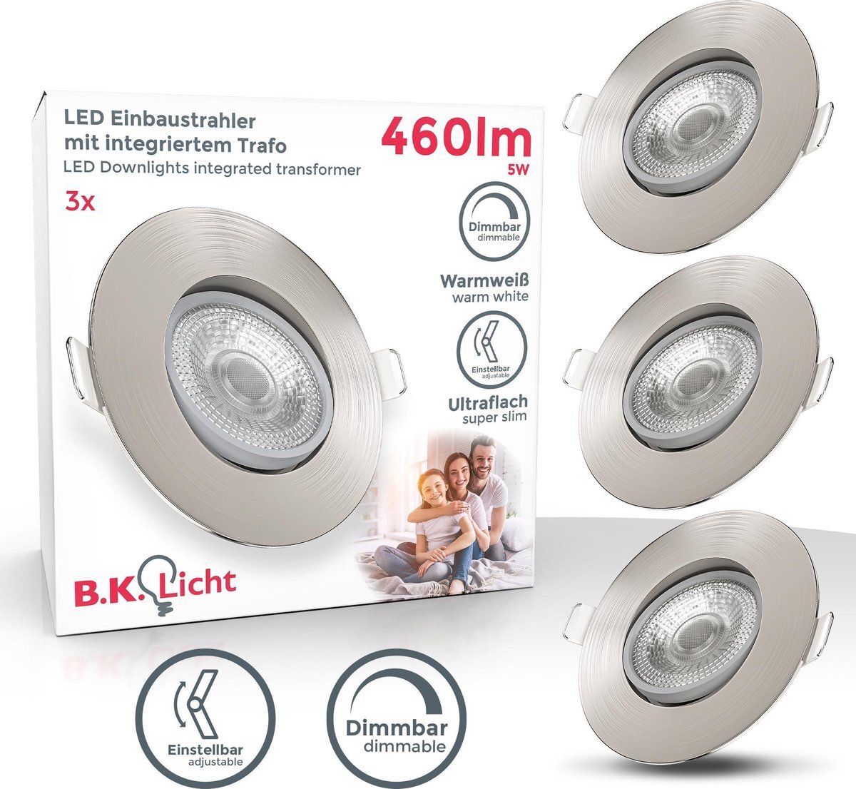 B.K.Licht - LED Inbouwspots - 3 stuks - dimbaar - voor binnen - kantelbaar - ronde - Ø9cm -IP23 - 3.000K - 460Lm - 5W - 230V - nikkel