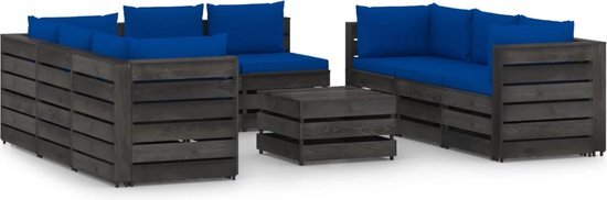 The Living Store Pallet Loungeset - Grenenhout - Blauwe Kussens - Modulair - 13 cm Dikte Kussens - Afmetingen- 69 x 70 x 66 cm - 60 x 70 x 66 cm - 60 x 62 x 37 cm