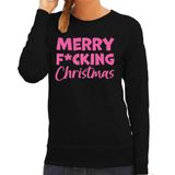 Bellatio Decorations Foute Kersttrui/Sweater Dames - F*cking - Zwart - Glitter Roze - Kerstman XXL