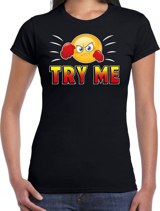 Bellatio Decorations Funny emoticon t-shirt Try me zwart voor dames S