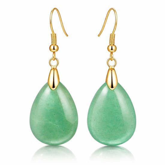 LGT JWLS Lookinggoodtoday Goudkleurige Oorbellen voor Dames met Druppelvormige Groene Avonturijn Hanger