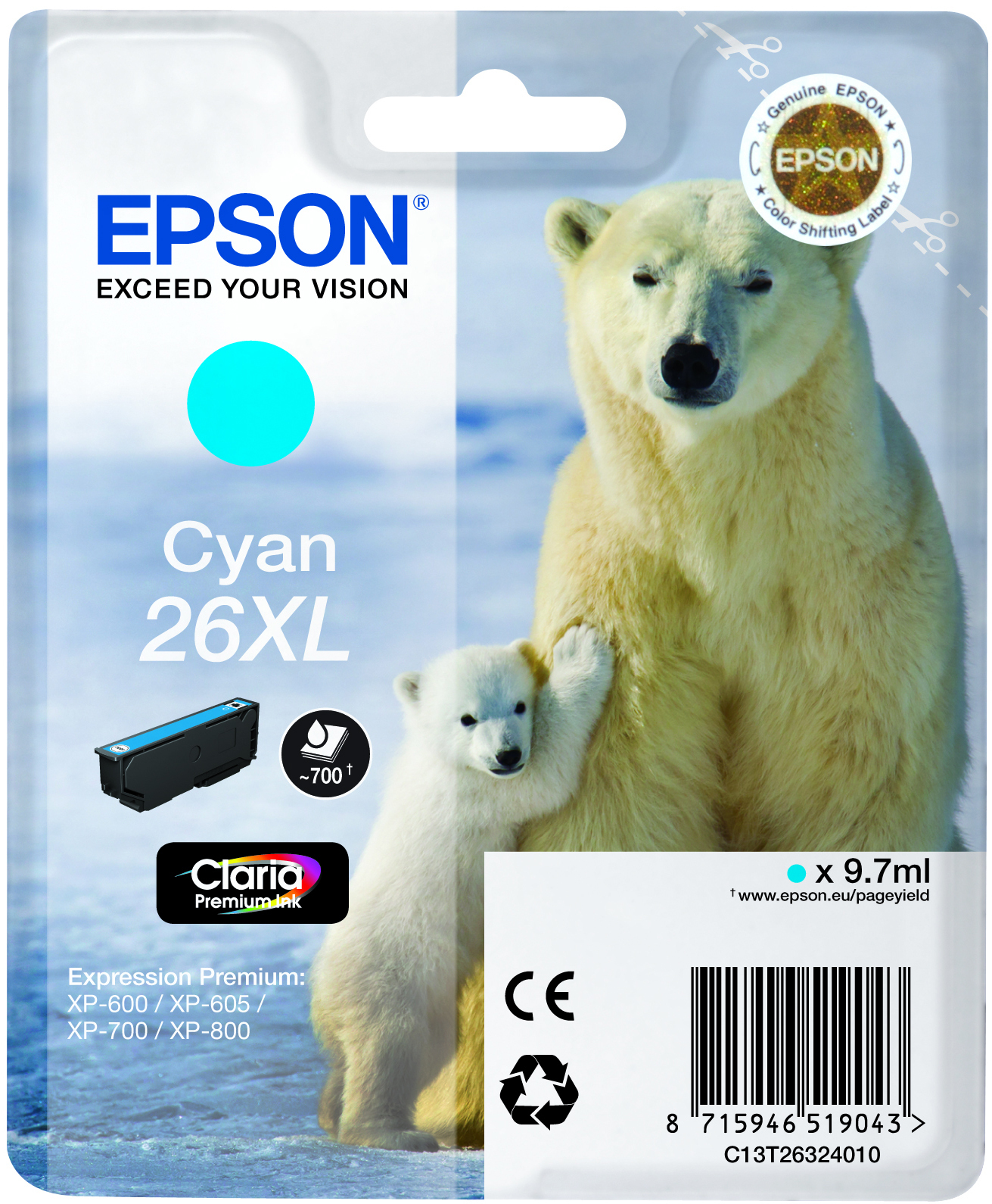Epson Polar bear Singlepack Cyan 26XL Claria Premium Ink single pack / cyaan
