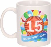 Bellatio Decorations 15 jaar Verjaardag koffiemok - cadeau beker - feestelijke ballonnen print - 300 ml - keramiek - wit