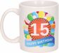 Bellatio Decorations 15 jaar Verjaardag koffiemok - cadeau beker - feestelijke ballonnen print - 300 ml - keramiek - wit