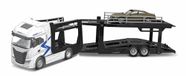 Bburago - IVECO S-Way autotransporter met aanhanger en Audi E-tron GT 1:43, diecast voertuig in metallic blauw, gedetailleerd statisch model met officiële IVECO- en Audi-licentie, 3+
