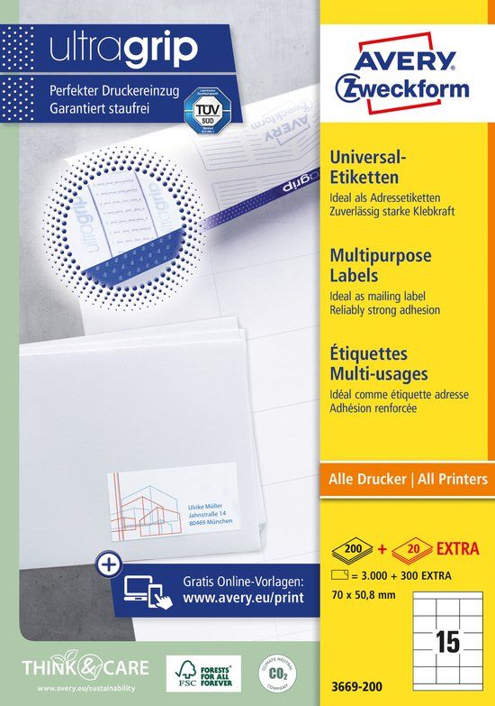 Merkloos Avery 3669-200 Universele Etiketten 70x50,8mm