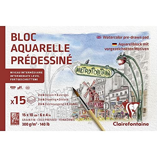 Clairefontaine Aquarellblock 10x15 cm mit vorgezeichneten Motiven, 15 Blatt 300g, Motiv Paris