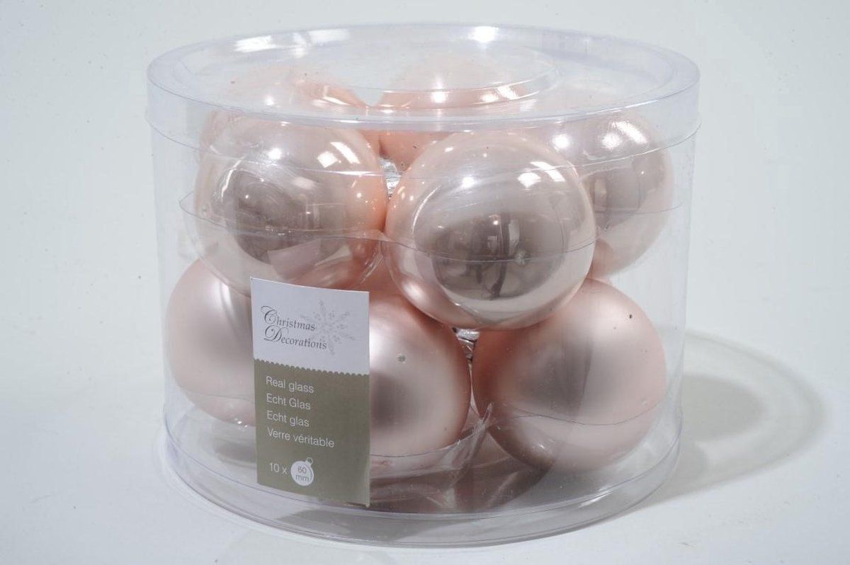 KSD 10 kerstballen poeder roze emaille 60 mm - Glas