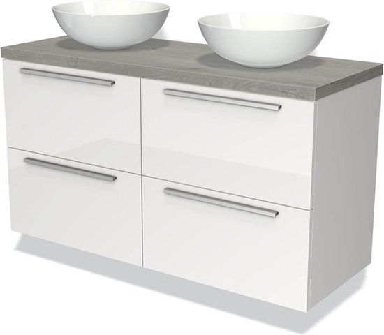 Maxaro Badkamermeubel Modulo Plato 120cm Hoogglans Wit 4 Lades Vlak Grijs Eiken