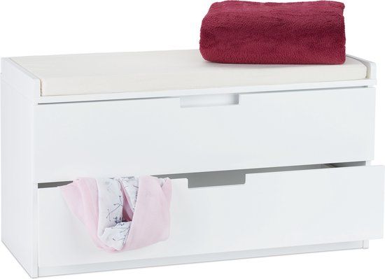 Witte halbank met zitkussen en 2 lades - 87 x 48,5 x 38 cm - Merkloos