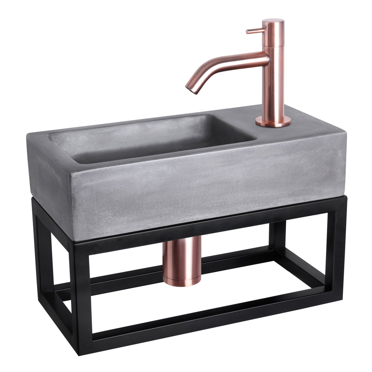 Differnz Fonteinset Rechthoek 38.5x18.5x24.5cm Beton Donkergrijs Handdoekrek Gebogen Toiletkraan Clickwaste Sifon Geborsteld Koper