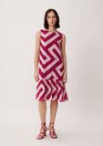 Comma Jurk met volant, lange mouw, ronde hals, A-lijn, gestreept, fuchsia, maat 34