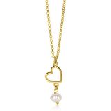 ZINZI gold plated zilveren ketting met open hartje en witte zoetwaterparel 40-45cm ZIC2642
