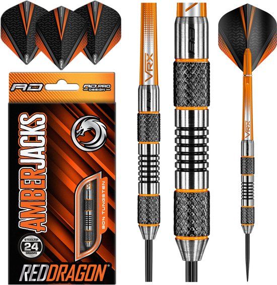 Red Dragon Amberjack 5 Steeltip Dartpijlen - 24 gram - Zwart/Oranje/Zilver