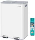 Songmics Pedaalemmer - Keukenprullenbak - 60 liter - 2x 30 liter - 2 compartimenten - Soft-close deksel - Staal - Wit