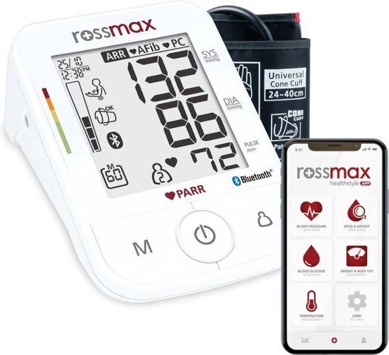 Rossmax X5 BT bovenarm bloeddrukmeter met boezemfibrilleren (AFib) detectie en smartphone verbinding