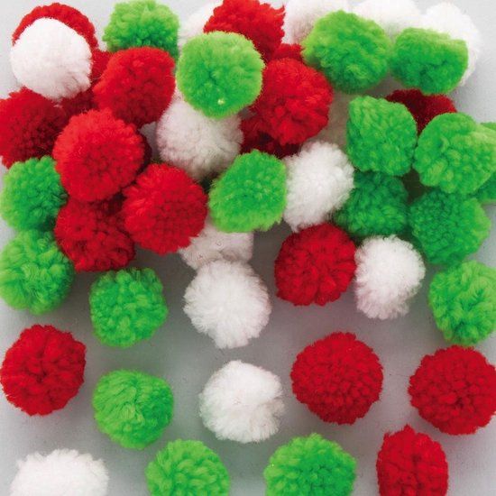 Baker Ross AX294 Christmas Pom Poms - Pack of 90, Multi-color, Craft Embellishments for Kids