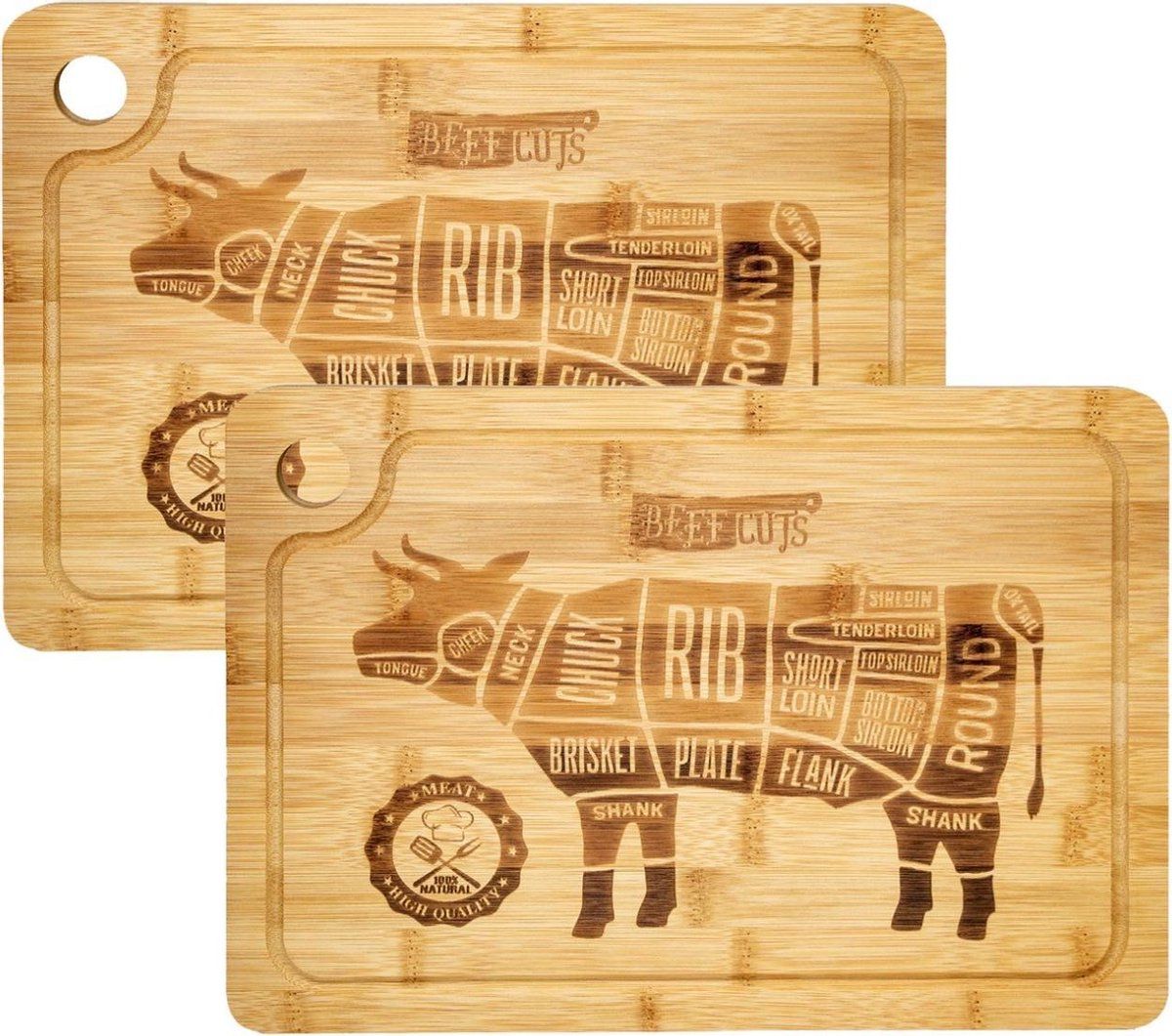 DuneDesign 2x snijplank met sapgoot 33x23cm - 20mm dikke bamboe