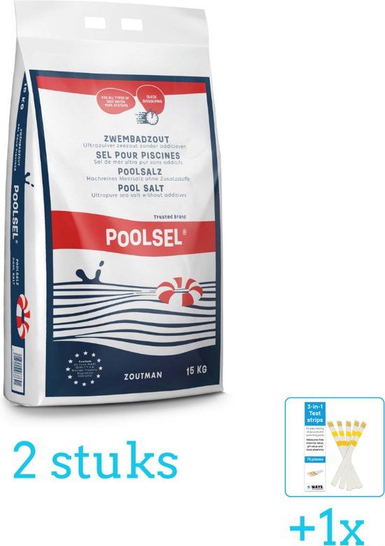 Zwembadzout 15 kg - 2 stuks - Voordeelverpakking - Inclusief WAYS Teststrips - Geschikt voor Zoutwatersysteem