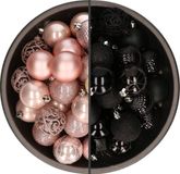 Bellatio Decorations Kerstballen mix - 74-delig - zwart en lichtroze - 6 cm - kunststof