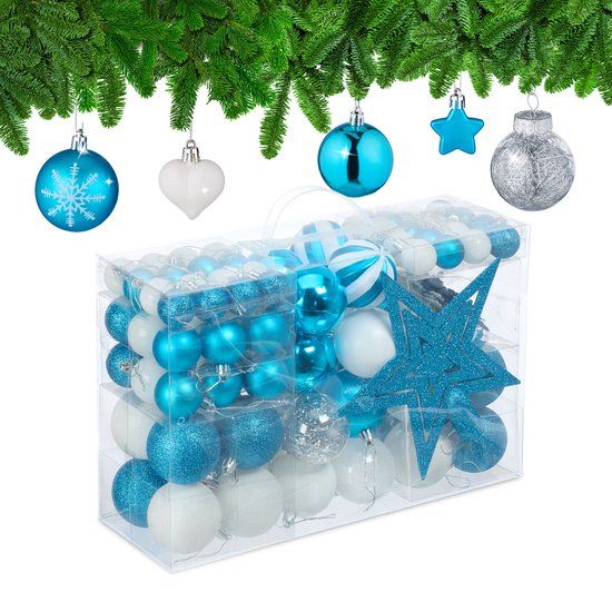 Relaxdays Kerstballen - Set van 101 - Plastic - Onbreekbaar - Kerstpiek Ster - Petrol/Wit