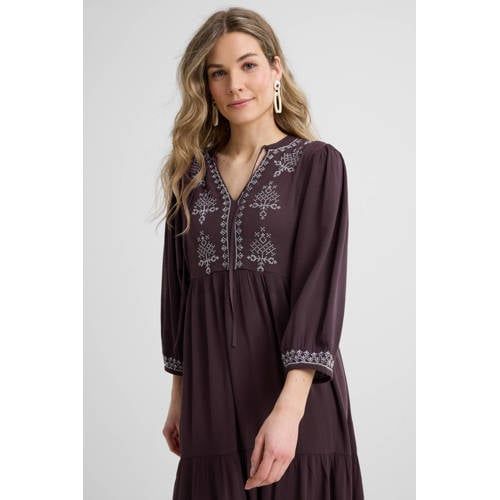 Anytime Crinkle Maxi Dress with Embroidery Dark Brown