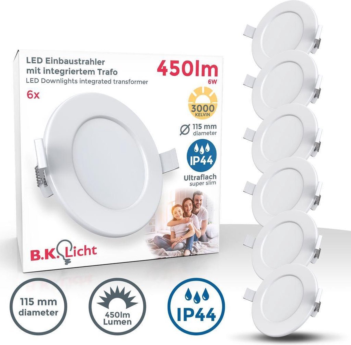 B.K.Licht - Inbouwspots badkamer - LED - witte inbouwspots - 6 stuks - spotjes inbouw - ronde - IP44 - Ø11.5cm - 3.000 Kelvin - 450 Lm - 6W