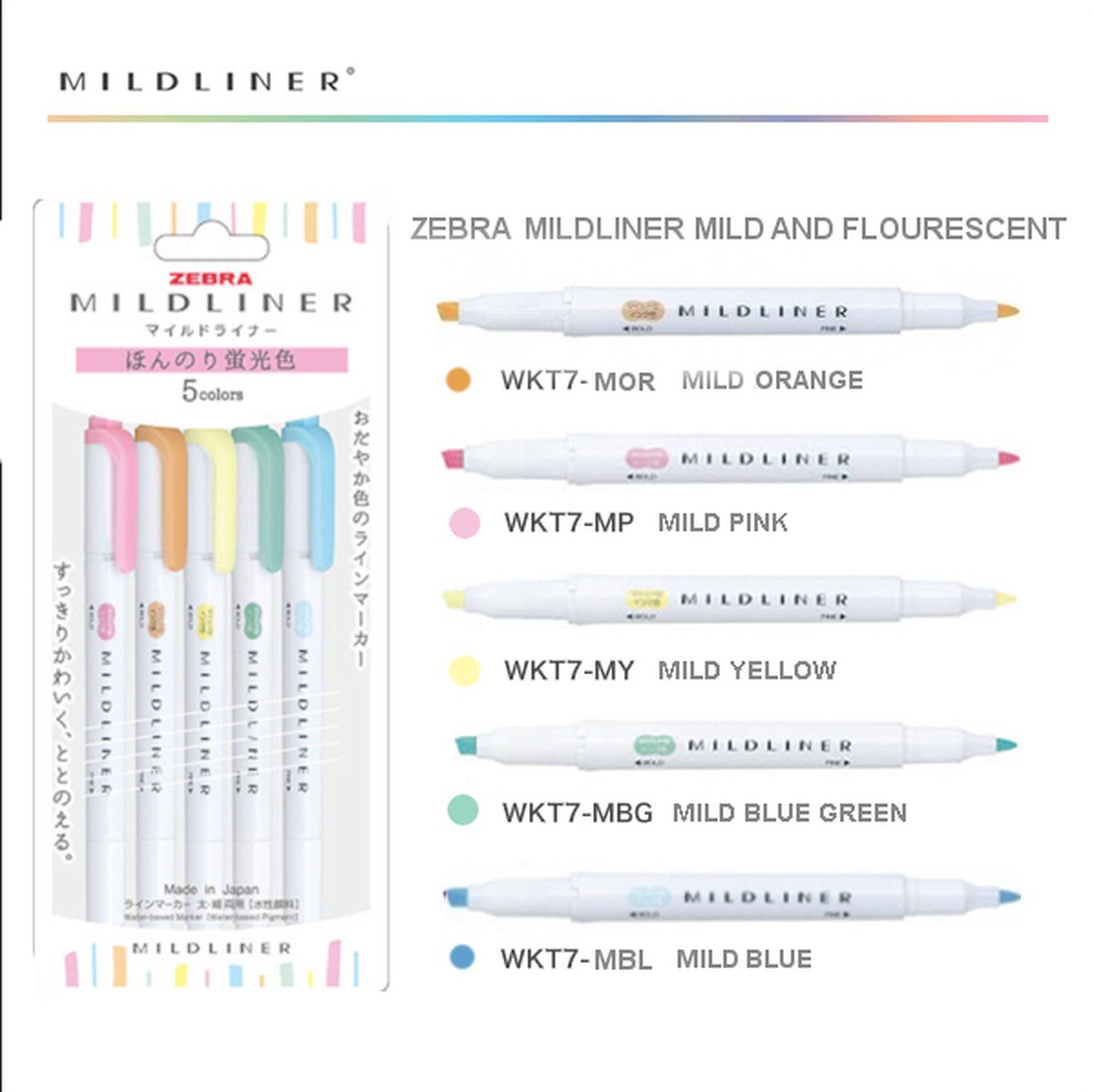 Zebra Mildliners WFT7-5C-N Set van 5 Pastel Colors + Bag