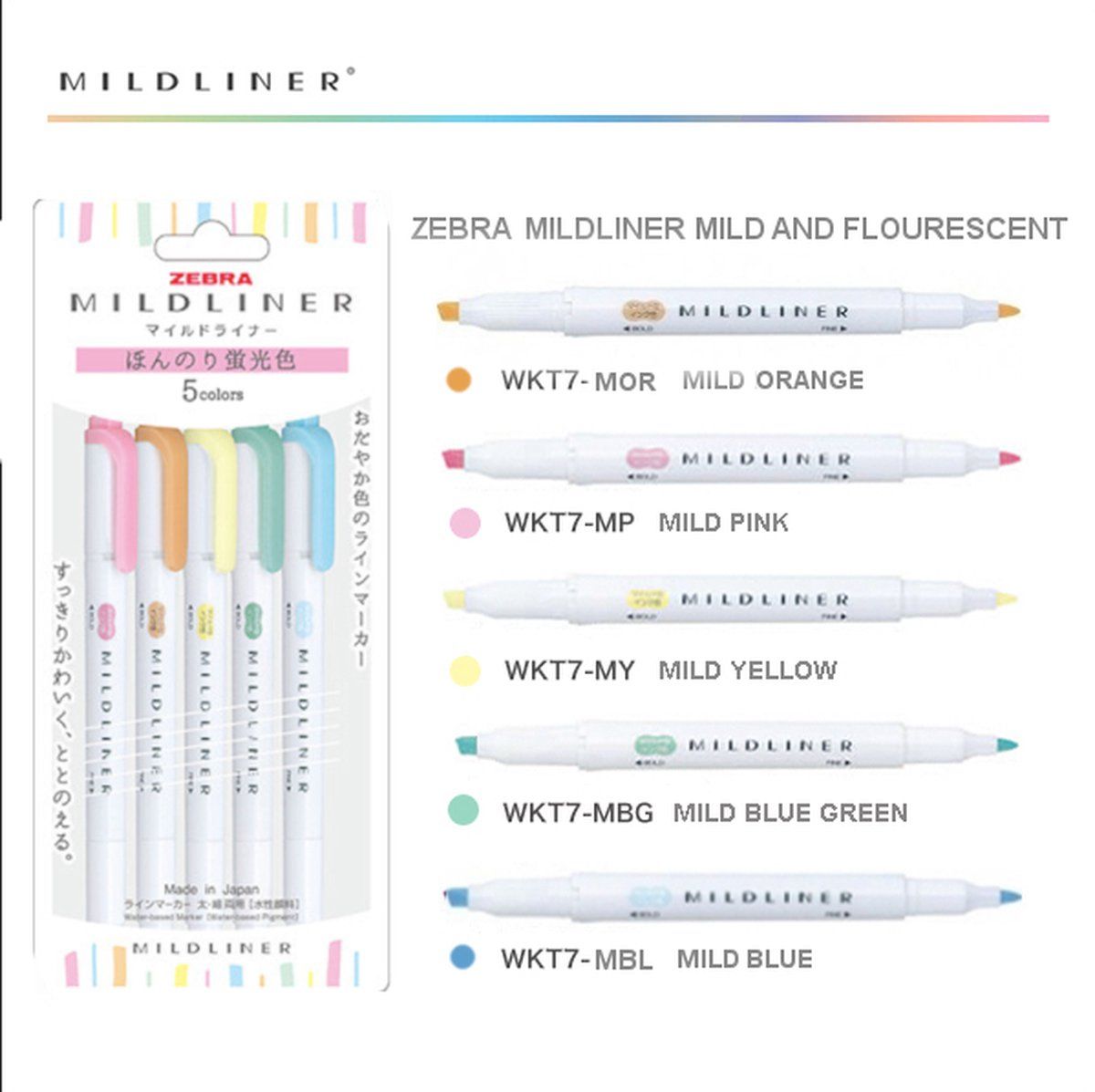 Zebra Mildliners WFT7-5C-N Set van 5 Pastel Colors + Bag - 8720726673952