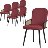 ML-Design eetkamerstoelen set van 6 rood gestoffeerde keukenstoelen met armleuningen en rugleuning rotanlook comfortabele ergonomische stoffen eetkamer fauteuils met metalen poten luxe lounge accentstoelen voor eettafel en woonkamer