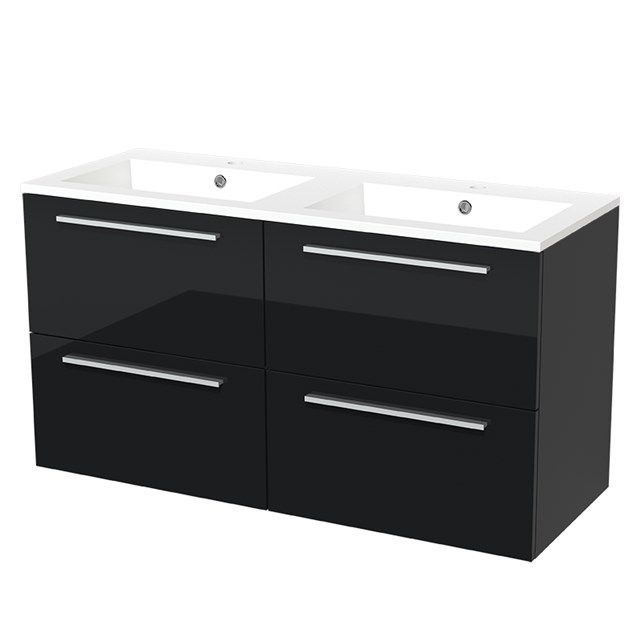 Maxaro Badkamermeubel 120cm Modulo Hoogglans Zwart 4 lades Vlak Wastafel Mineraalmarmer