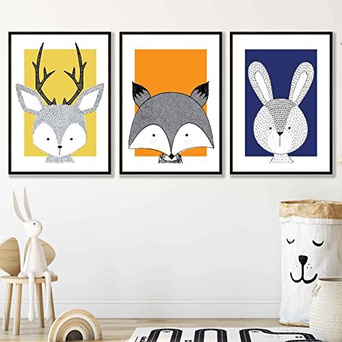 Artze Wall Art Artze Wall Art Kwekerij Bosdieren Art Prints 3-delige set, 30 cm Breedte x 40 cm Hoogte, Oranje/Blauw/Geel