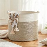 COSYLAND Ronde wasmand, 88 l, van katoenen touw, grote wasmand en opbergmand met handgrepen, voor vuile was, slaapkamer en wasruimte, 56 x 36 cm, wit en kaki