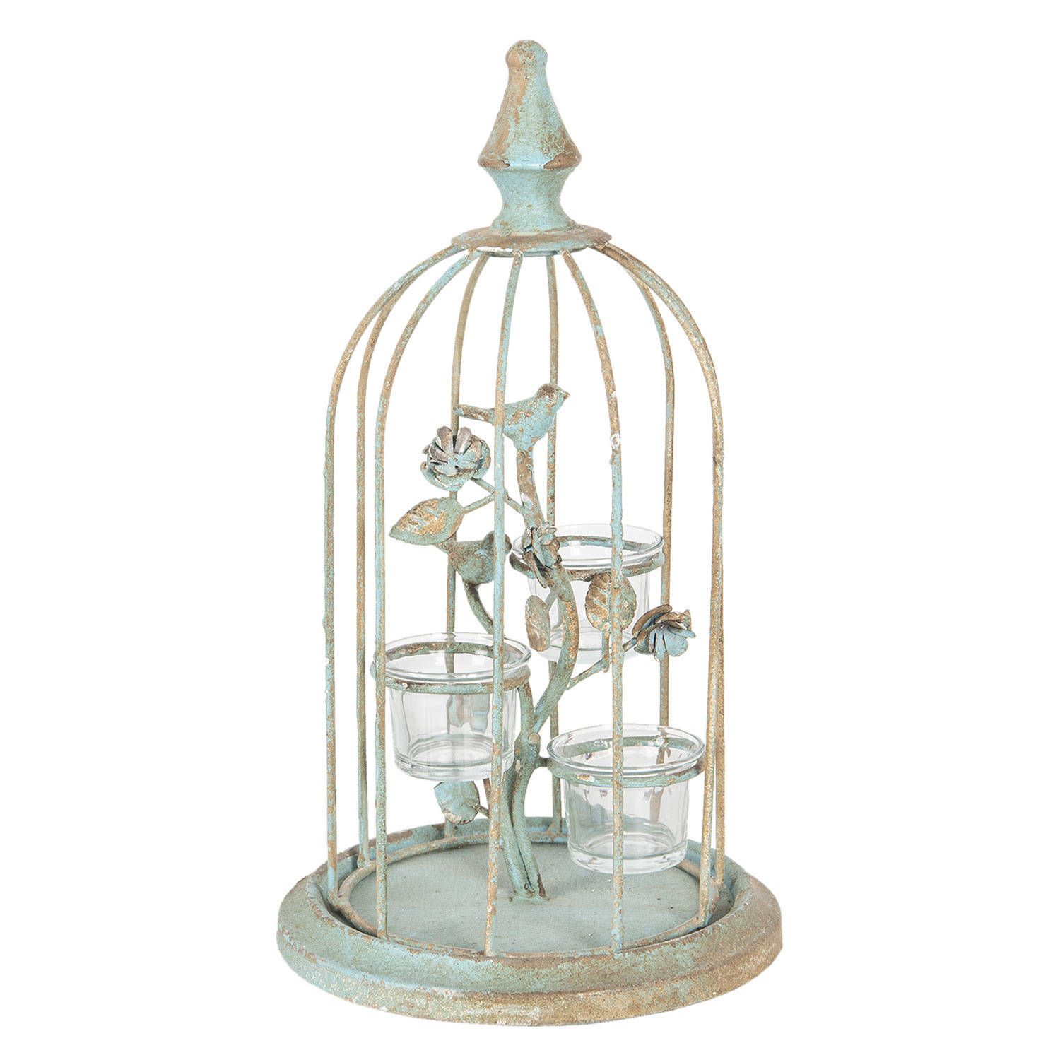 Clayre & Eef Theelichthouder Ø 21x36 cm Groen Ijzer Glas Rond Waxinelichthouder Windlichthouder