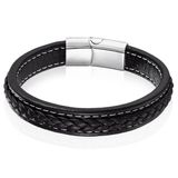 LGT JWLS LGT Jewels Heren Armband Zwart Leer Stitched Edelstaal Sluiting-23cm